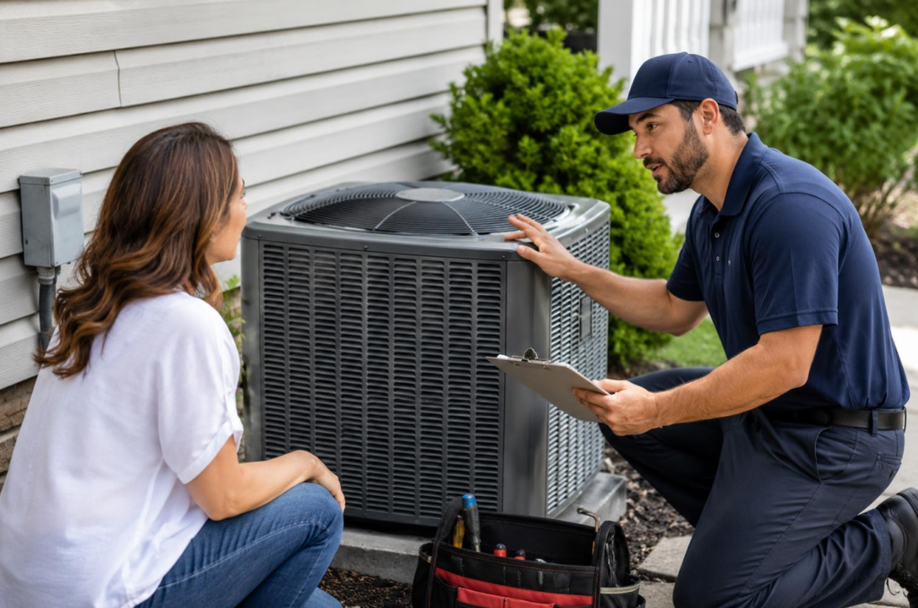 HVAC technician explaining a maintenance visit to a homeowner