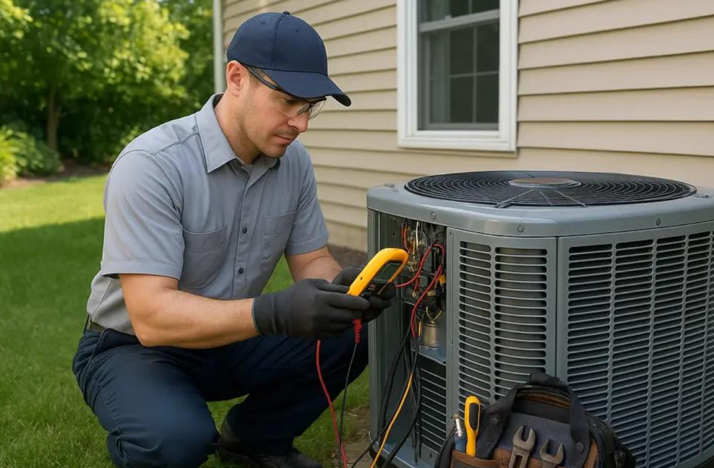 HVAC technician performing a routine maintenance inspection on an air-conditioning system